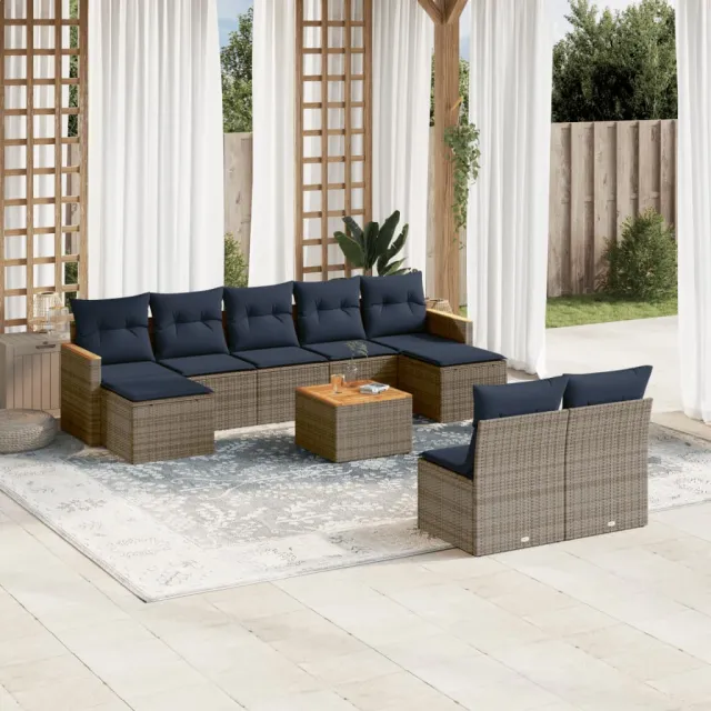 vidaXL 10-delige tuinbankset met kussens, grijs polyrotan, foto 2