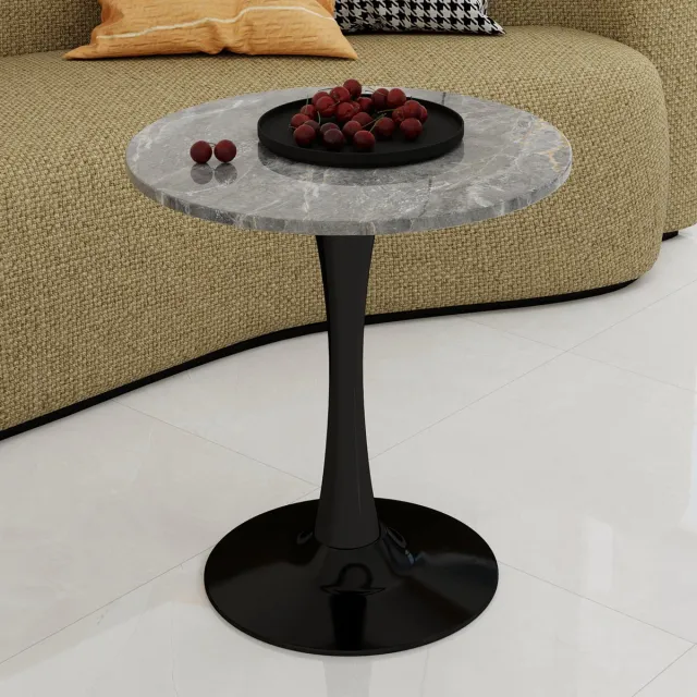 COVREO Salontafel 70x70x72 cm – zwart grijs, marmerlook fineer tafelblad, rond ontwerp