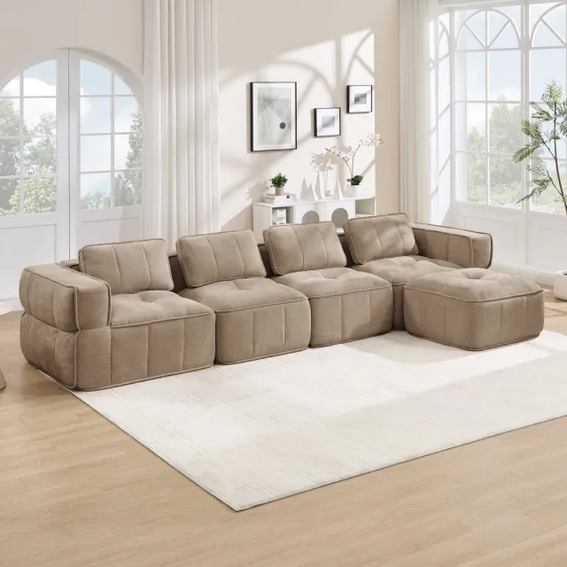 MODENUIT Hoekbank 344 x 162 x 67 cm - Modulaire 4-Zits Met Hocker - Woonkamer - Polyester Zand