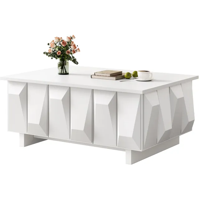 Clruro Salontafel - 95×67×39,5 cm - 3D-Fronten - 3 Deuren met Opbergruimte - Spaanplaat - Wit