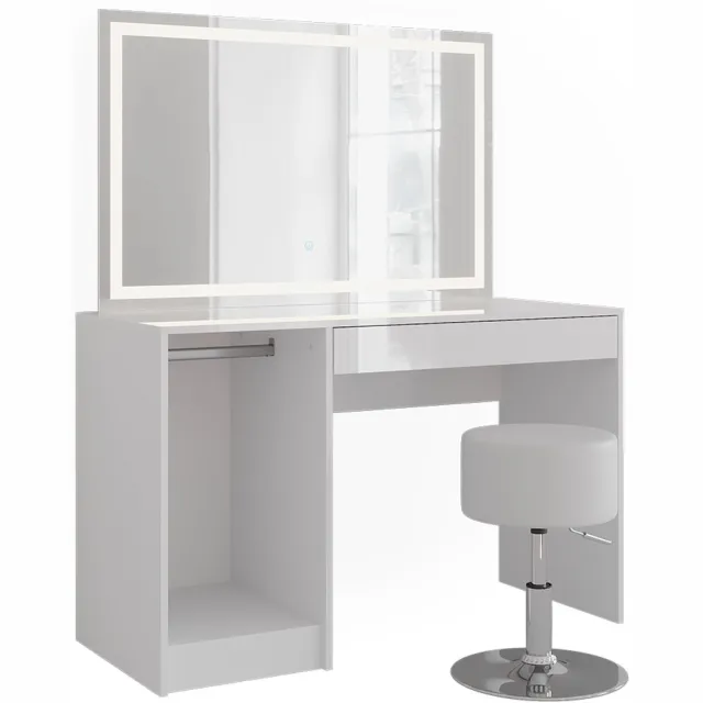 Vicco Kaptafel set met kruk Sherry, Wit/Wit Hoogglans, 119.8 cm met LED-spiegel en kruk