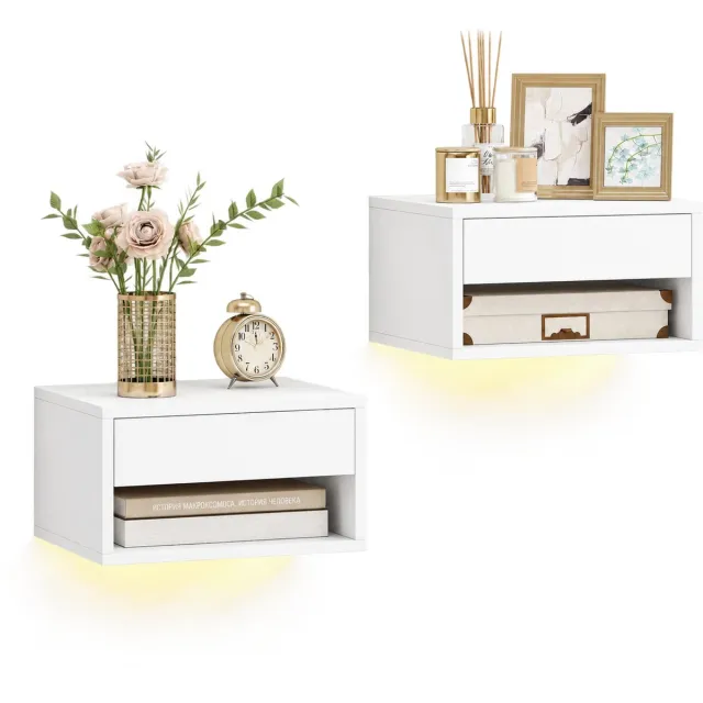 MokoHub Zwevende Nachtkastjes Set van 2 - LED-Verlichting - App-Bediening - Lade en Open Plank - 37x32x21 cm - Wit