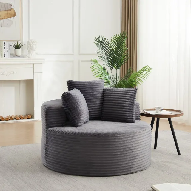 MODENUIT Fauteuil Rond 110 cm - Met 3 Kussens En Brede Armleuningen - Woonkamer En Slaapkamer - Corduroy Grijs