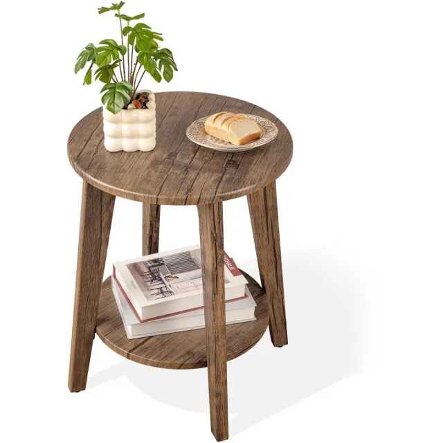 Famanu Ronde bijzettafel met 2 lagen, houten bijzettafel met opbergruimte, modern design voor kleine ruimtes in woonkamer en slaapkamer Bruin