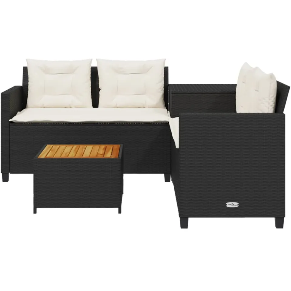 vidaXL Tuinbank met tafel en kussens L-vormig poly rattan zwart, foto 2