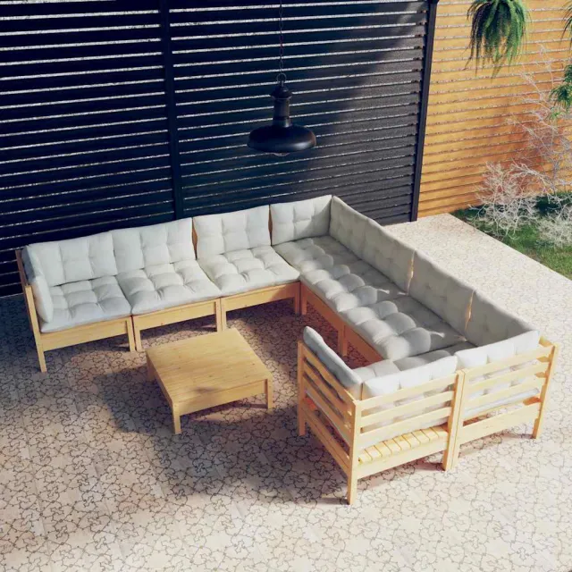 vidaXL 9-delige Loungeset met crèmekleurige kussens grenenhout, foto 2