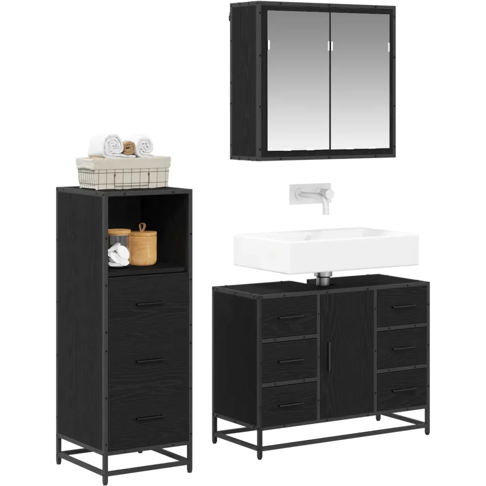 vidaXL Badkamermeubelset 3 st Zwart Eiken 80 x 33 x 60 cm Bewerkt hout