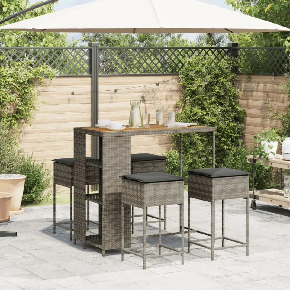 vidaXL 5-delige Tuinbarset met kussens poly rattan grijs, foto 3