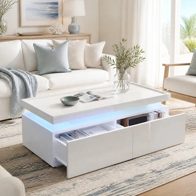 CHICFURN Salontafel - LED-verlichting - 2 lades - Wit