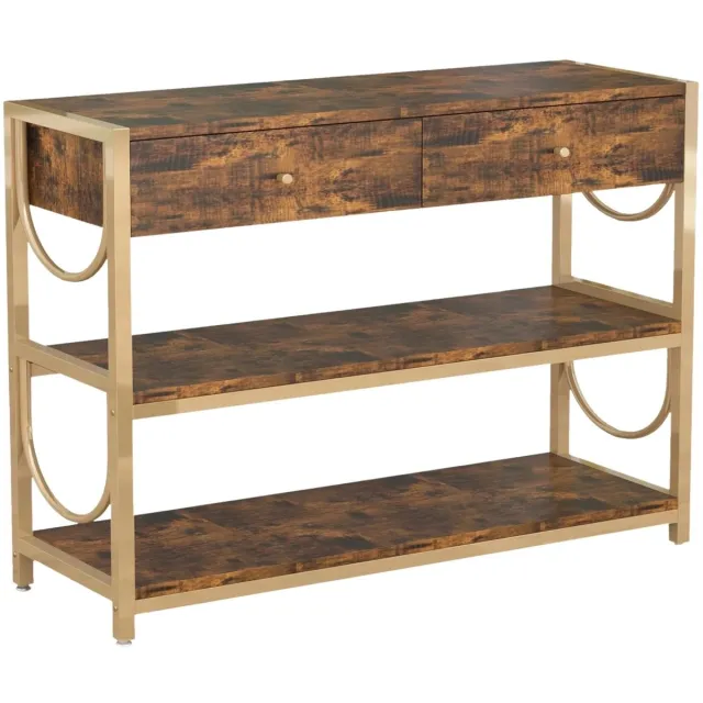 Happiq Consoletafel met Laden - Met 3-Laags Opbergplanken - voor woonkamer en hal - Met 3-Laags Opbergplanken, Houtlook Metaal - Grijs 190 cm Retro bruin