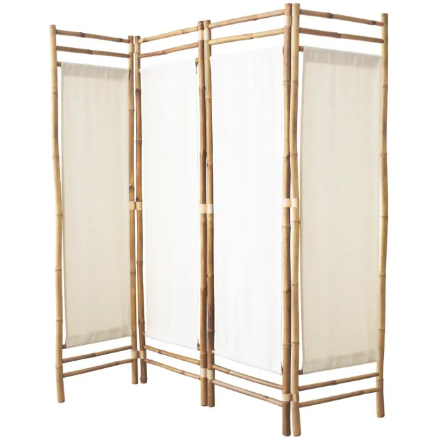 Famanu Kamerscherm voor binnen, 160 x 160 cm, ruimteverdeler van doek en natuurlijk bamboe, 4-paneels kamerscherm voor slaapkamer en woonkamer, verplaatsbare scheidingswand Naturel