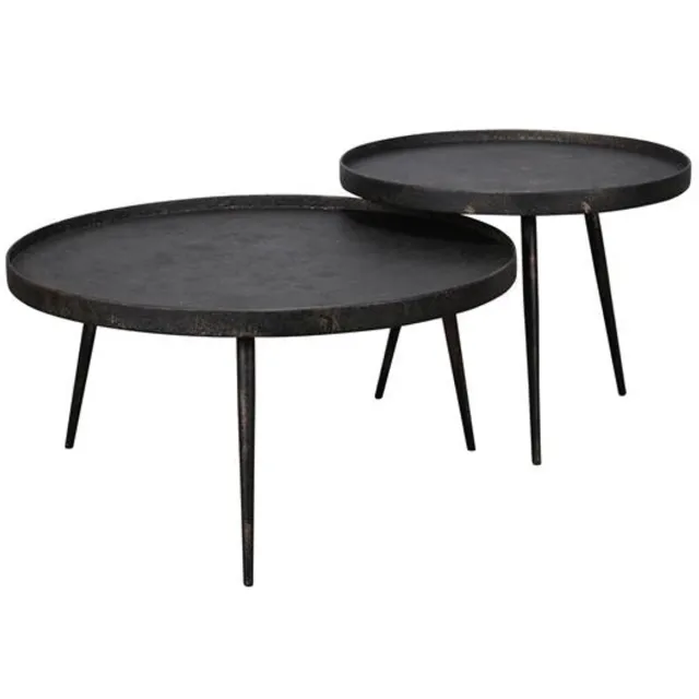 Industrieel In Huis Salontafel Opstaande Rand (Set van 2) - 76 cm x 76 cm x 40 cm - Salontafel Rond - Industrieel Salontafel - Woonkamer Tafel - Salontafels Industrieel - Salontafel Landelijk - Salontafel Hout Metaal - Bijzettafel Rond - Coffee Table - Koffietafel Zwart - Bruin