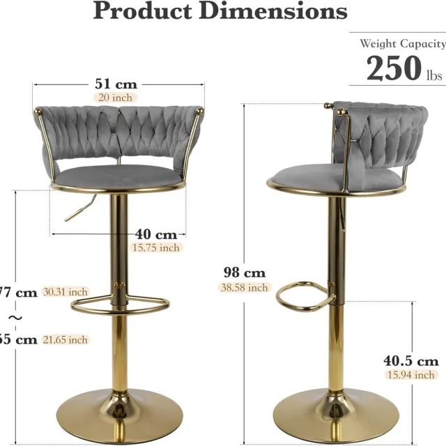 House&Garde Barkrukken Set van 4 House&Garden Royal Weave Pro – In Hoogte Verstelbaar & 360° Draaibaar – Luxe Fluwelen Barstoelen met Gevlochten Rugleuning – Goud Metalen Frame – Donkergrijs – Voor Keukeneiland, Huisbar & Eetkamer