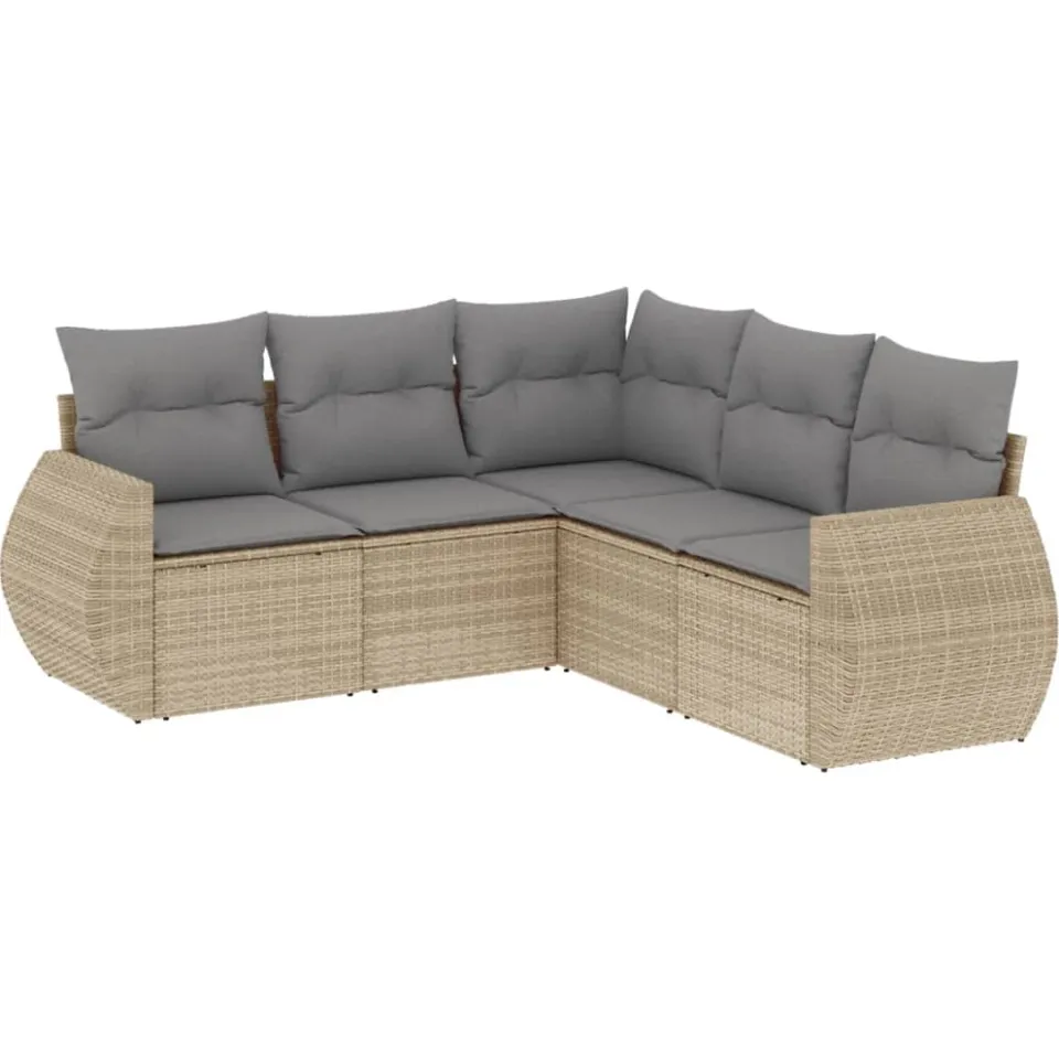 vidaXL 5-delige Loungeset met kussens poly rattan beige, foto 3