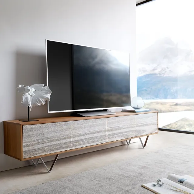 DELIFE TV-meubel Kleo acacia natuur 200 cm 4 deuren V-poot RVS Lowboard Bruin