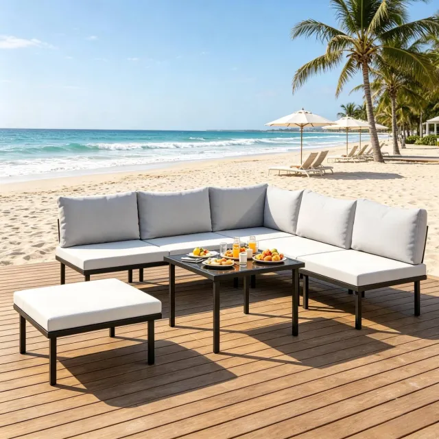 HAUSS SPOLE Hoek Loungeset - Modulaire Tuinset Met Kussens En Salontafel - Voor Terras En Tuin - Metaal En Glas - Zwart Lichtgrijs