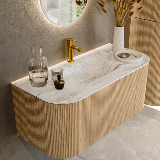 Mondiaz KURVE-DLUX 100 cm Onderkast Greeploos 1 Lade Met Deuren Oak, Wastafel Solid Surface MIdden Glace 1 Kraangat Zonder Spiegel (KRVGRU100L+R1L2D1KM-Oak/Gla)