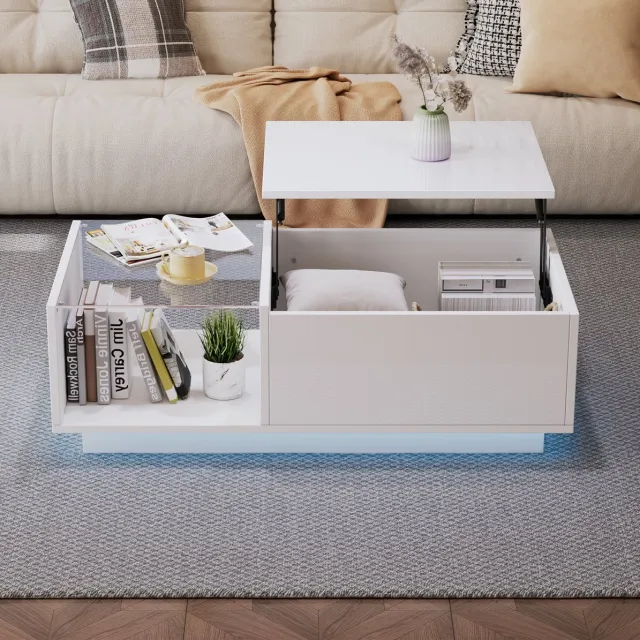 MEUNIQ LED salontafel 100 x 50 cm met in hoogte verstelbaar blad, verborgen opbergruimte, open vak, appbediening en hoogglans wit voor woonkamer