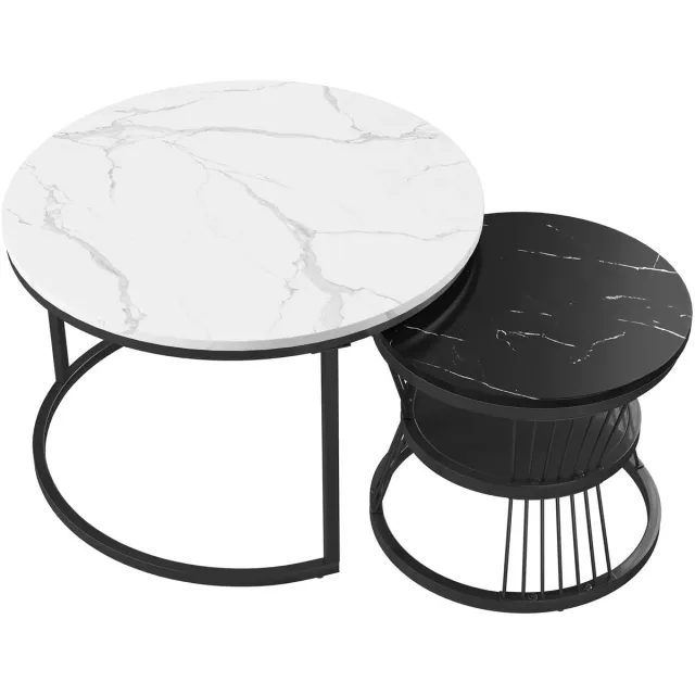 Jurrys Salontafel – Bijzettafel - Rond - Stapelbaar - Set van 2 - Decoratie - Modern Design - 70 & 45 cm - Zwart/Wit