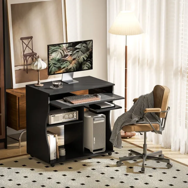 FloraGrace Bureau - Compacte Computertafel Met Wielen En Toetsenbordplank - Voor Thuiswerkplek En Kantoor - Hout - 80 x 48 x 75 cm - Zwart Black