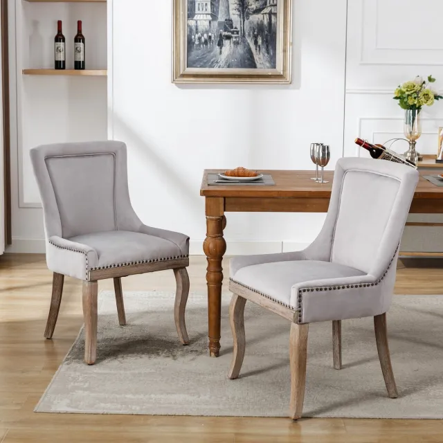 Welltin Eetkamerstoelen Set van 2 - Luxe Stoel - Velvet Stoel - Gestoffeerde Stoel - Keukenstoel - Woonkamerstoel - Stoel met Nagelkopdetails - Massief Houten Poten - Moderne Design Stoel - Grijs