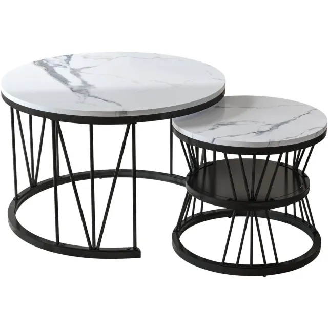 Happiq Salontafel Set 2 Zwart - Delig, Ronde Bijzettafels - Modern, Rond Design met Opbergruimte - Metalen Frame met Tafelblad in Zwarte