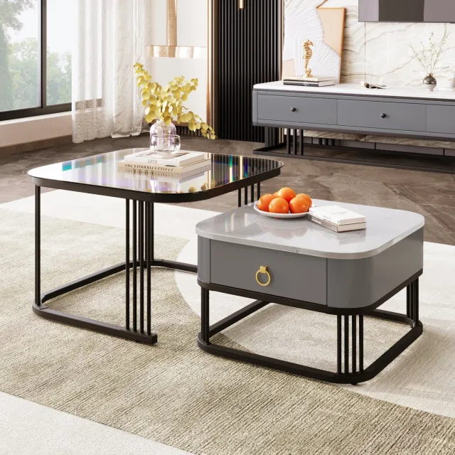 HAUSS SPOLE Salontafel - 2 Delige Set Met Marmor Optiek En Glasplaat - Vierkant Design Voor Woonkamer Of Balkon - 60x60+50x50 cm - MDF + Metaal - Zwart en Grijs
