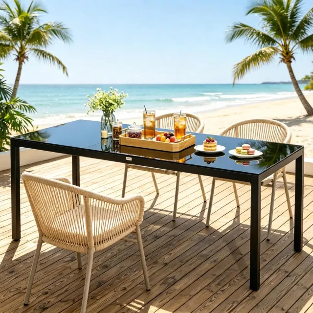 HAUSS SPOLE Eettafel - Rechthoekige Gartentafel - Voor Buiten Eten Met 8 Personen - Aluminium En Gehard Glas - 180 x 80 x 72 Cm - Zwart