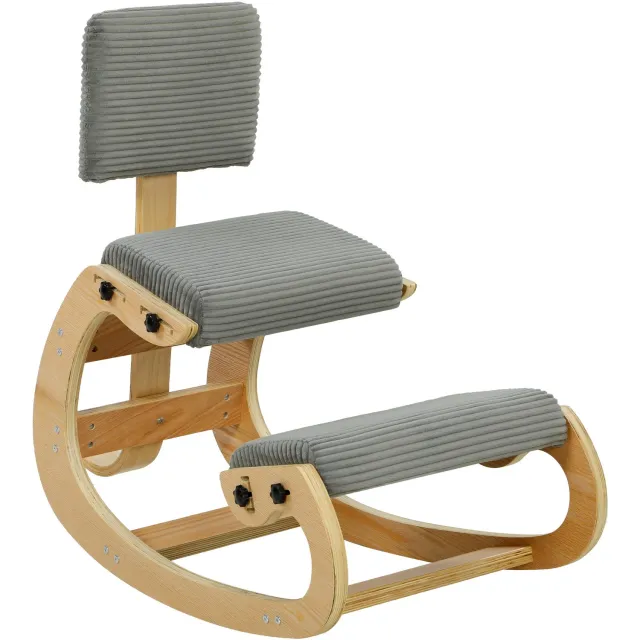 MUVANO Ergonomische knielstoel met rugleuning - Ribstof en berkenhout - Knieondersteuning 48 cm - Licht schommelend - Voor thuiswerken en studeren - Grijs