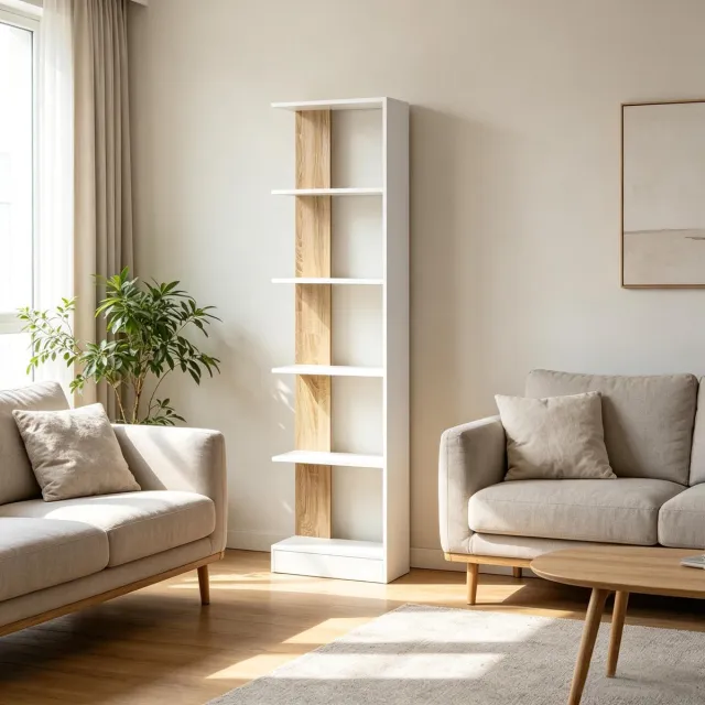 MIVRAY Boekenkast – Open Ontwerp Met 5 Vakken – 45 X 21 X 170 Cm – Spanplaat – Wit En Eikenhout – Voor Woonkamer Slaapkamer En Kantoor Wit, Eiken