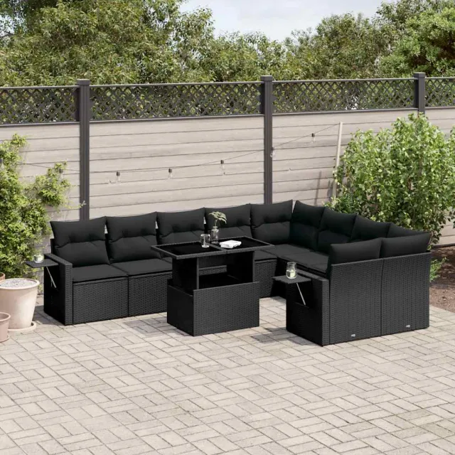 vidaXL 10-delige Loungeset met kussens poly rattan zwart, foto 2