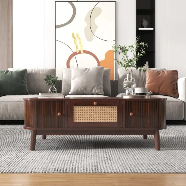 VVBV Salontafel met lade en schuifdeuren - Rotan koffietafel - Massief houten latten - Massief houten poten - Natuurlijke landelijke stijl - Bruin