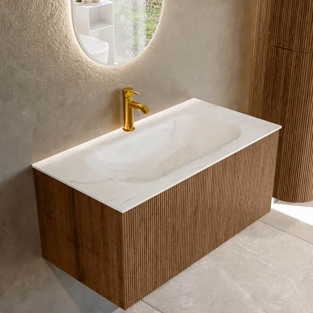 Mondiaz KURVE-DLUX 90 cm Onderkast Greeploos 1 Lade Zonder Deuren Walnut, Wastafel Solid Surface Midden Ostra 1 Kraangat Zonder Spiegel (KRVBGS901L0D1KM-Wal/Ost)