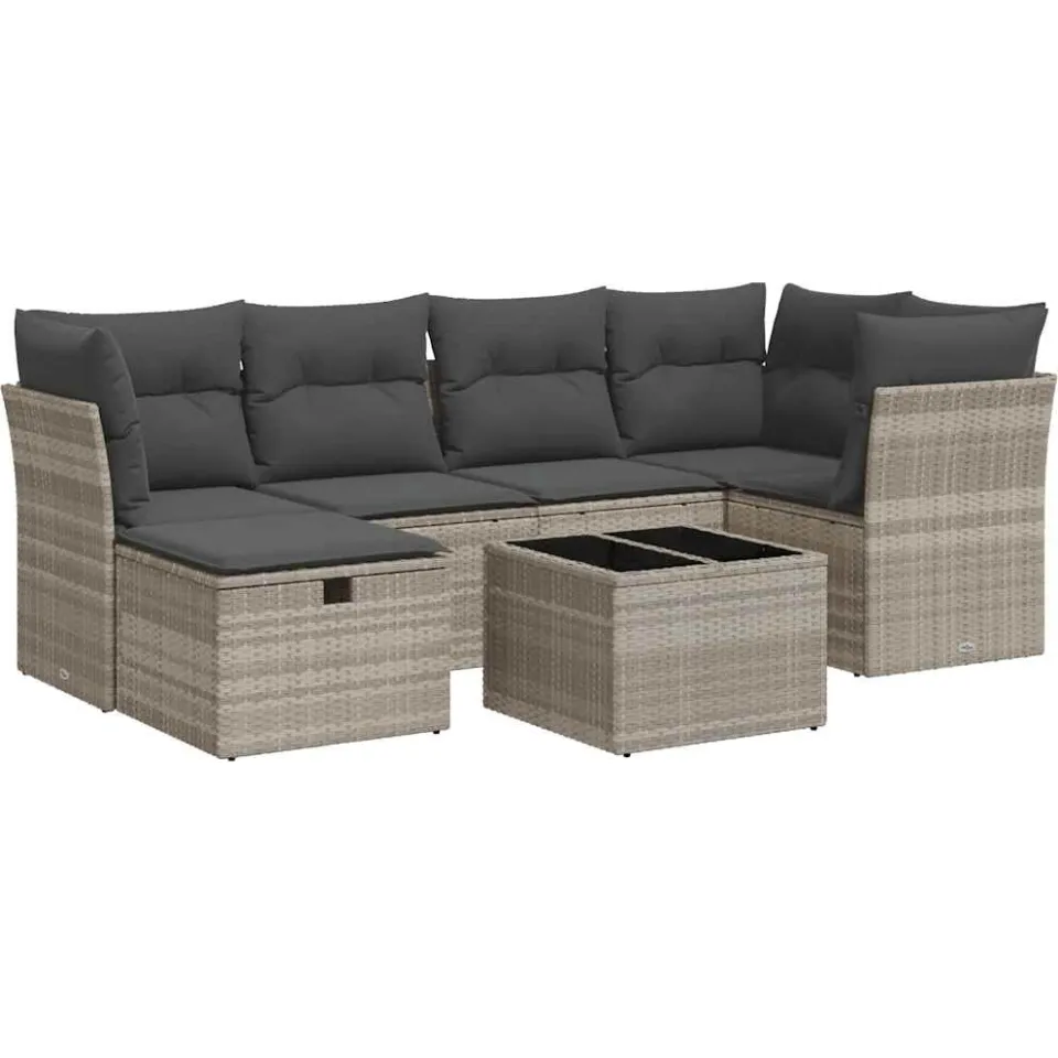 vidaXL 7-delige Loungeset met kussens poly rattan lichtgrijs grijs, foto 3