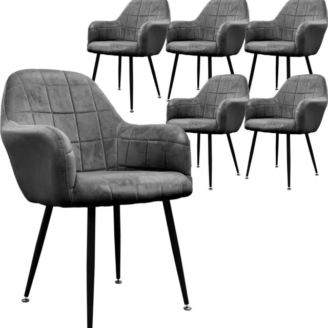 ecd germany Set van 6 Eetkamerstoelen met rugleuning en armleuningen Donkergrijs Fluwelen Zitting Metalen Benen Keukenstoelen Woonkamerstoelen Woonkamerstoelen Gestoffeerde Stoelen Fauteuils