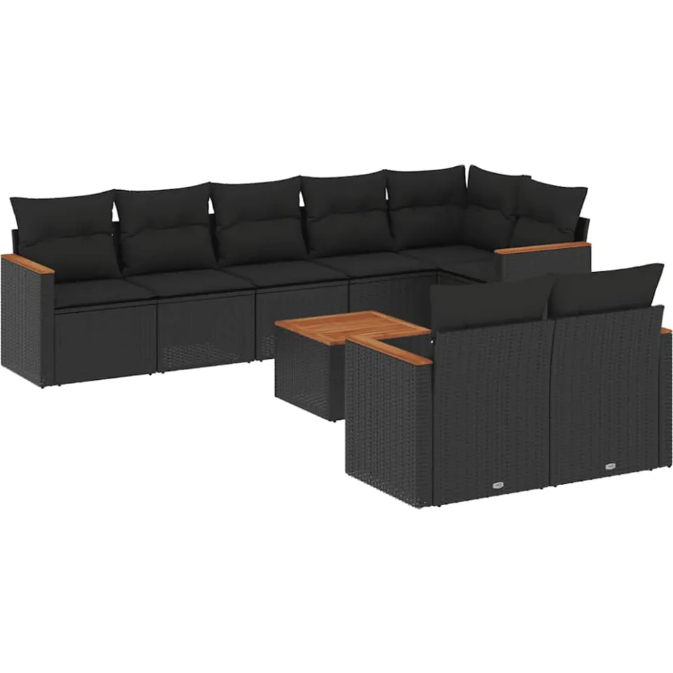 vidaXL 9-delige Loungeset met kussens poly rattan zwart