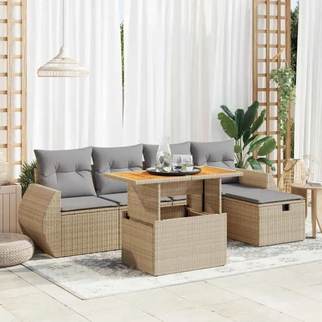 vidaXL 6-delige Loungeset met kussens poly rattan acacia beige, foto 2