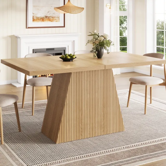 HAUSS SPOLE Eettafel - Uitschuifbaar Voor 4 Tot 6 Personen - Gegroefde Poten Voor Eetkamer - MDF En Metaal - Licht Eiken - 120/160 x 80 x 76 cm