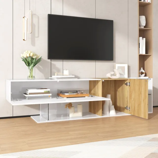 MODFU TV-Meubel - Met Opbergruimte En Glazen Planken - Minimalistisch - Voor Woonkamer - Spaanplaat - Wit En Houtlook - 180 cm Natuurlijk+Wit