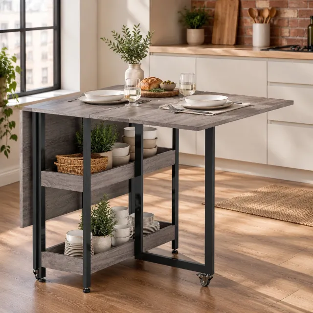 CHICFURN Eettafel - 2-4 personen - Opklapbaar - met open vakken - Grijs