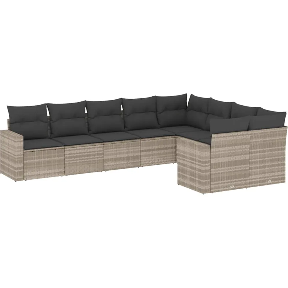 vidaXL 9-delige Loungeset met kussens poly rattan lichtgrijs