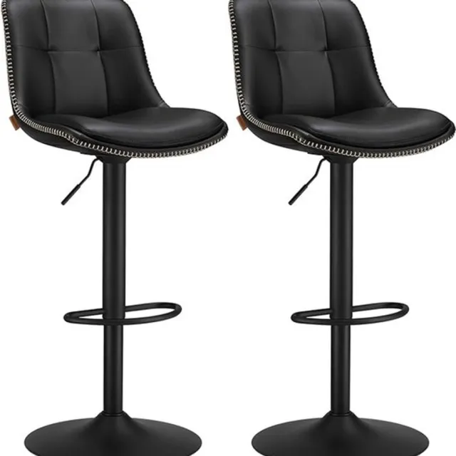 FurnStar Barkruk Set van 2 - Barstoelen - Ergonomische Rugleuning - Kunstleer - Metalen Poten met Verstelbare Universele Poten - Tussen 63 en 84 cm hoog - 360 graden draaibaar - Thuisbar - Eenvoudige Montage - Inktzwart
