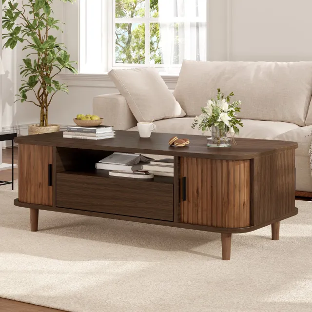 HAUSS SPOLE Salontafel - Met Lade, Twee Roldeuren En Open Opbergvak - Voor De Woonkamer - MDF En Spaanplaat - Walnootkleur - 100 x 50 x 35 cm