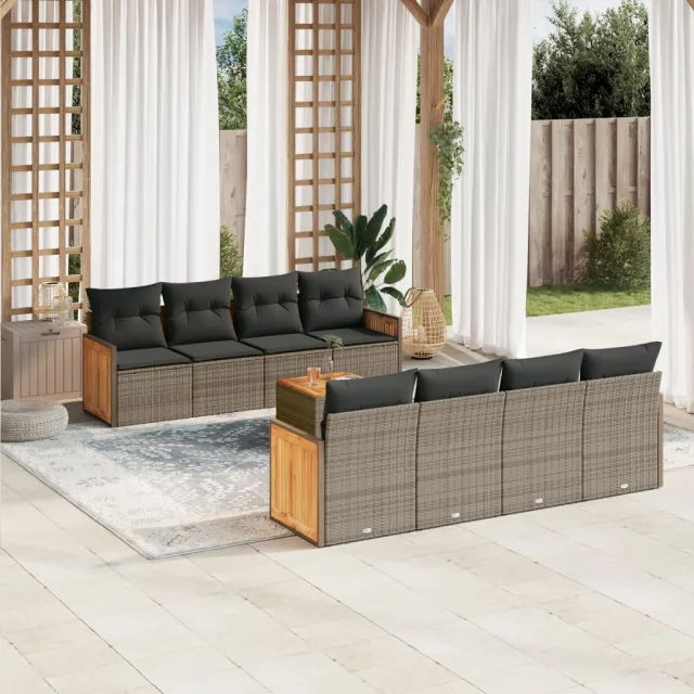 vidaXL 9-delige Loungeset met kussens poly rattan grijs, foto 2