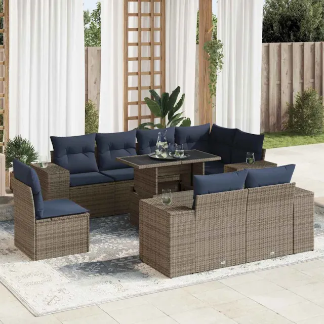 vidaXL 9-delige Loungeset met kussens poly rattan acacia grijs, foto 2