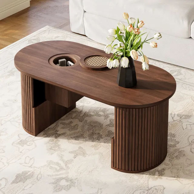 FloraGrace Salontafel - Ovaal Met Opbergruimte En Open Vakken - Voor Woonkamer - MDF - 105x50x46,5 cm - Walnoot Notenhout