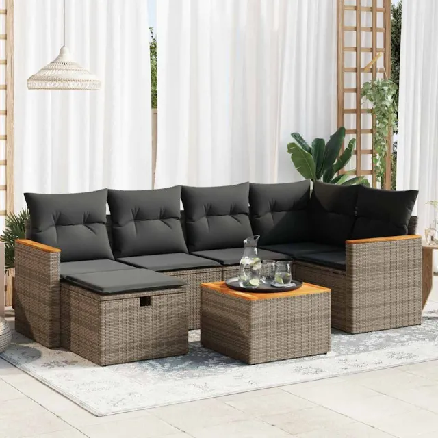 vidaXL 7-delige Loungeset met kussens poly rattan grijs, foto 2