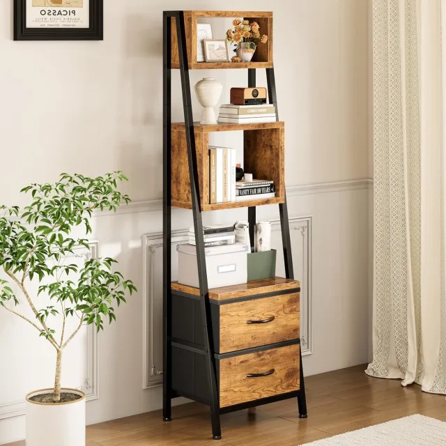 Homesy Boekenkast, smalle plank met 5 planken, met 2 stoffen laden, kleine boekenplank geschikt voor slaapkamer, kantoor, woonkamer, keuken, 39 x 28,5 x 157 cm, retrokleur Retro-kleur
