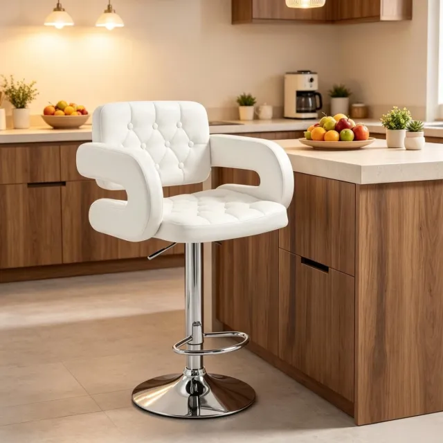 DESMIU Barkruk 61 X 50 X 93-113 Cm - In Hoogte Verstelbaar En 360 Graden Draaibaar Met Armleuningen En Rugleuning - Voor Keuken En Bar - Metaal - Wit