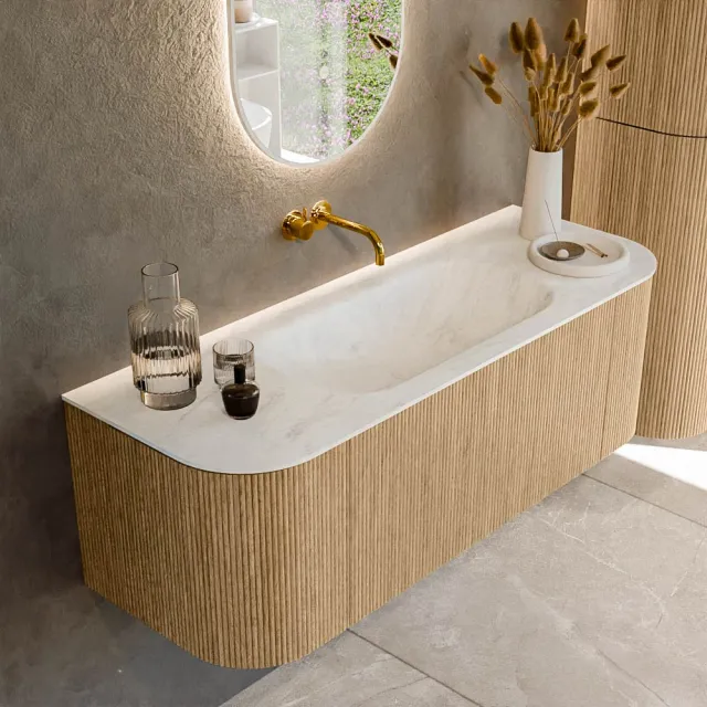 Mondiaz KURVE-DLUX 130 cm Onderkast Greeploos 1 Lade Met Deuren Oak, Wastafel Solid Surface Midden Opalo 0 Kraangaten Zonder Spiegel (KRVBGS130L+R1L2D0KM-Oak/Opa)